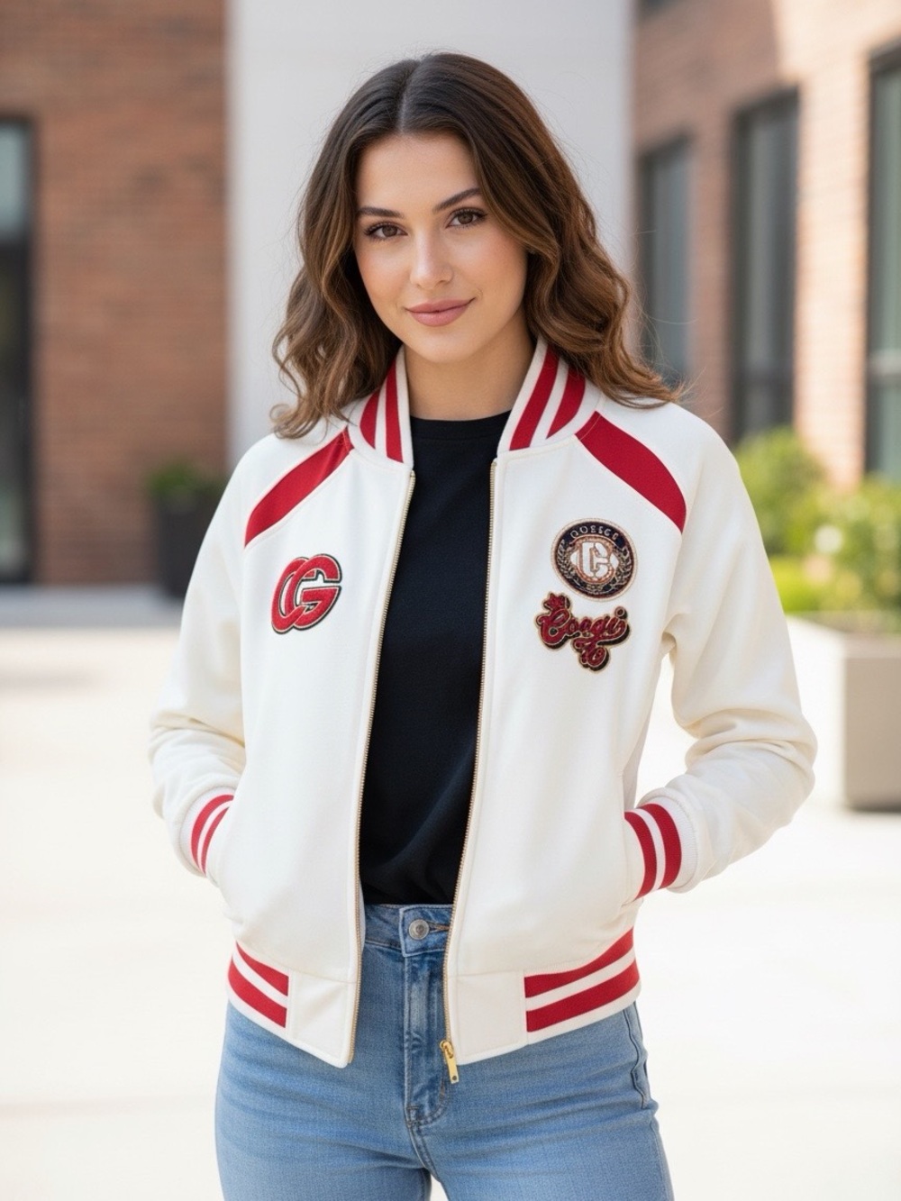 Vintage COOGI Womens Varsity Embroidered Jacket Size M With Red White Trim